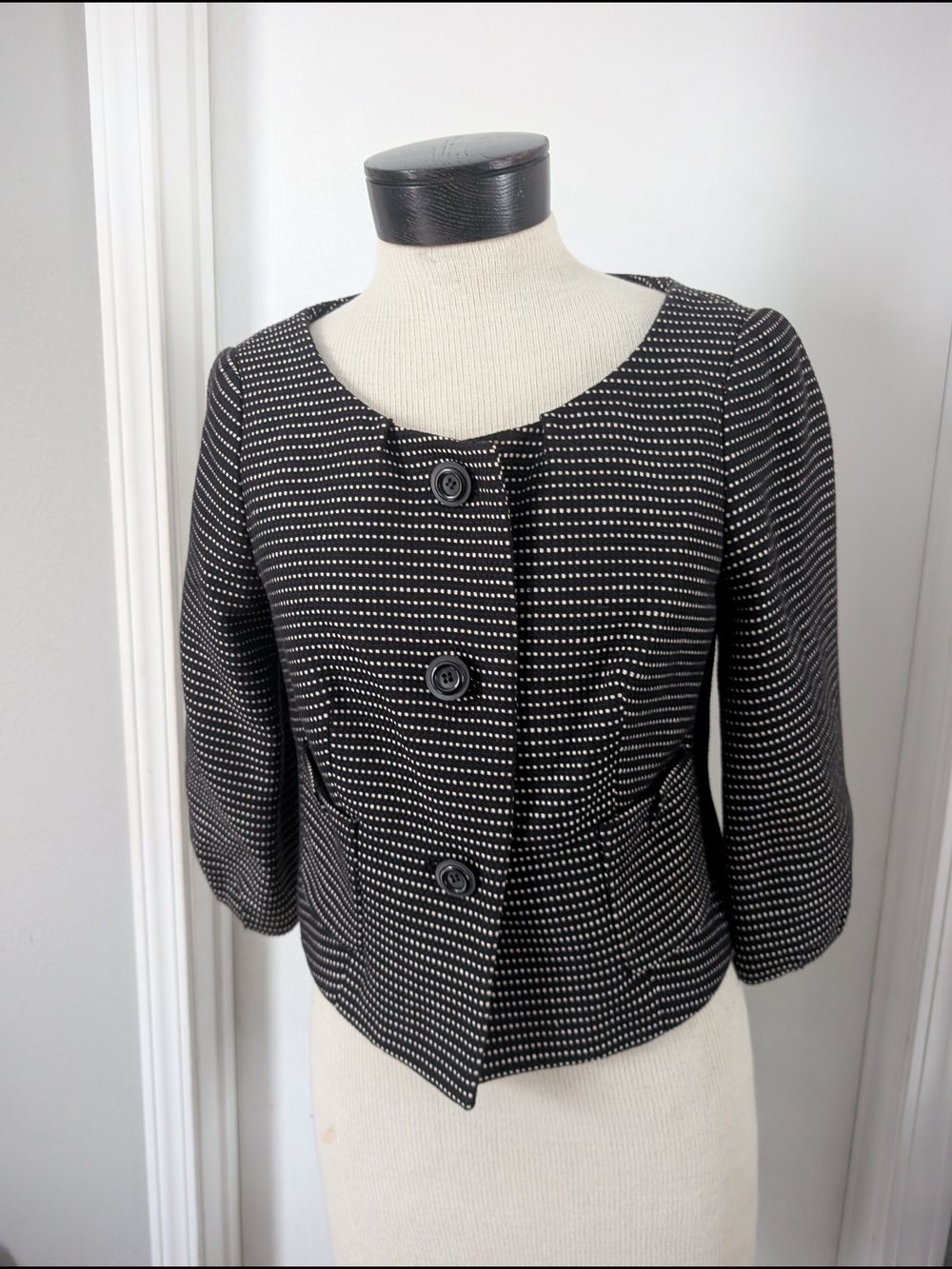 The Limited Black and White Polka-Stripe Cropped Blazer